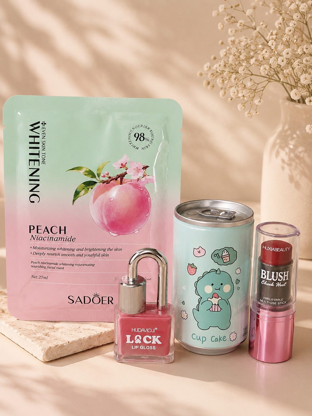 Peach Niacinamide Sheet Mask + Lip Gloss & Blush Beauty Combo