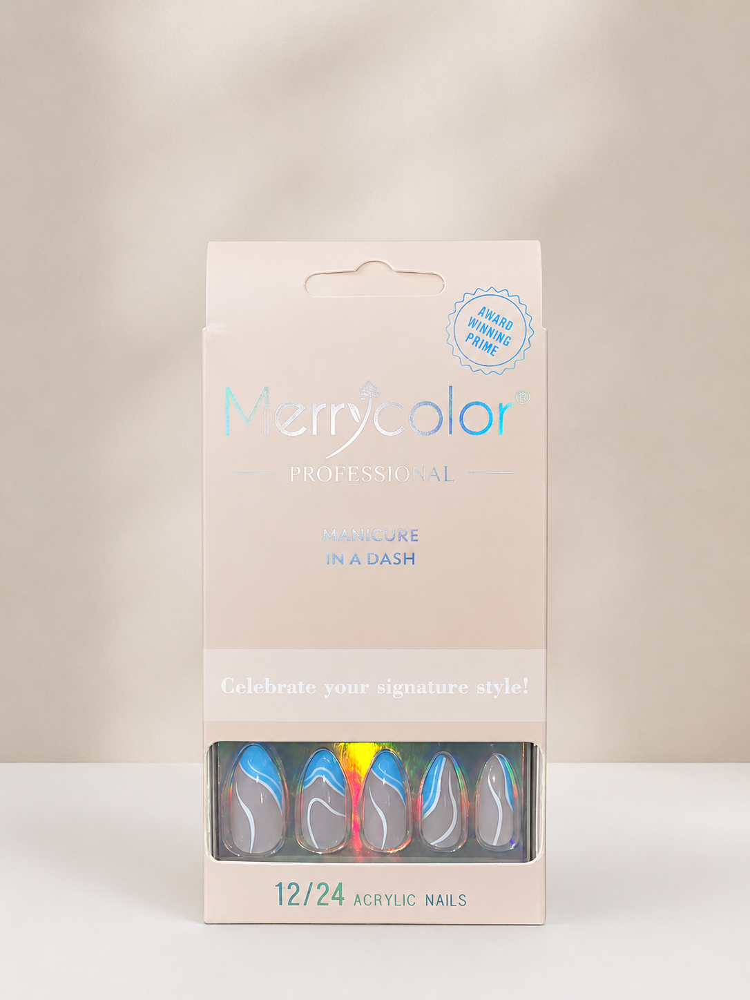 Merrycolor Professional Acrylic Press-On Nails – Blue & Grey Wave Design