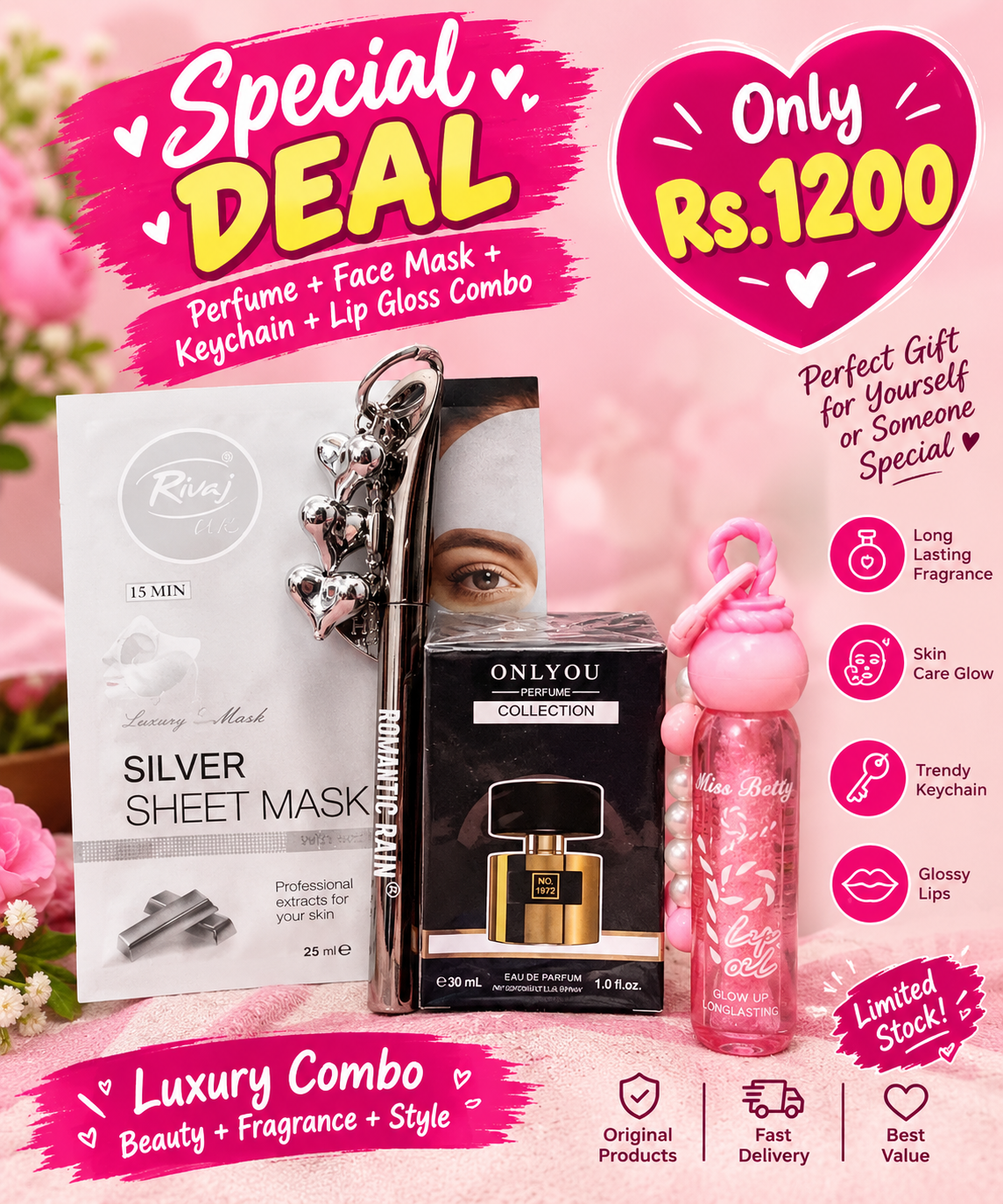 Luxury Beauty Combo Deal – Perfume + Sheet Mask + Lip Gloss + Keychain | Rs. 1200