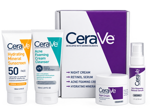CeraVe 4-in-1 Complete Skincare Routine Bundle (Acne Cleanser + Retinol Serum + Night Cream + SPF 50 Sunscreen)