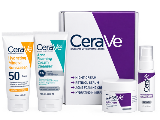 CeraVe 4-in-1 Complete Skincare Routine Bundle (Acne Cleanser + Retinol Serum + Night Cream + SPF 50 Sunscreen)