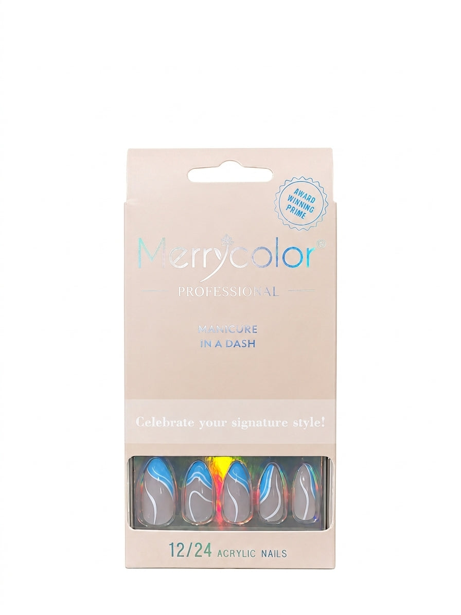Merrycolor Professional Acrylic Press-On Nails – Blue & Grey Wave Design